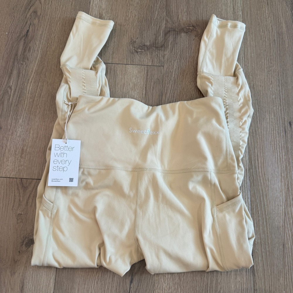 Sweetflexx Women Resistance Leggings Cream Beige High Rise Pockets Size 6 NEW